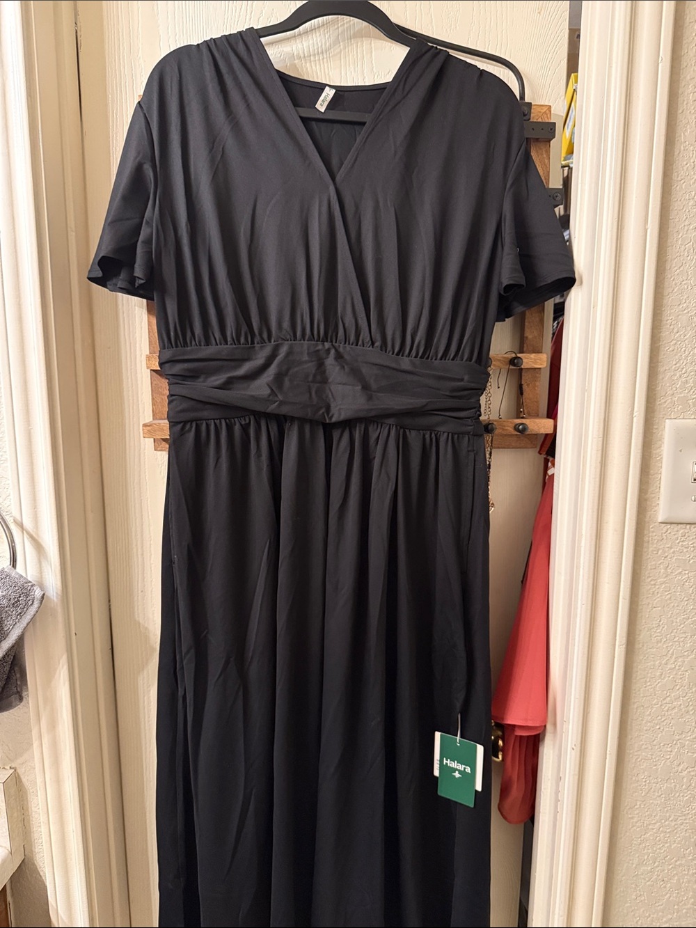 HALARA Black V-Neck Short Sleeve Wrap-Style Maxi Dress